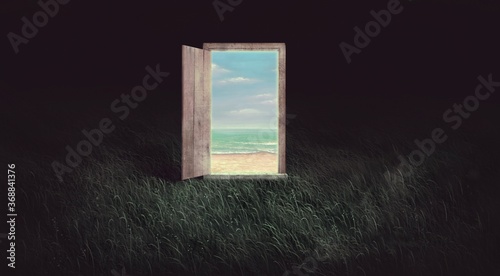 Surreal art of freedom dream mystery and hope concept idea ,magic door to sea imagination artwork, painting illustration, happiness of nature ,fantasy conceptual 