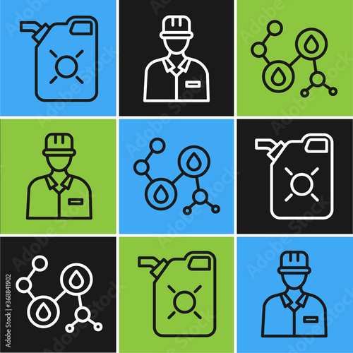 Set line Canister for motor oil, Molecule oil and Oilman icon. Vector.