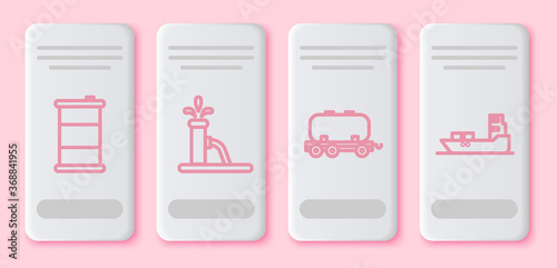 Set line Barrel oil, Oil pump or pump jack, Oil railway cistern and Oil tanker ship. White rectangle button. Vector.