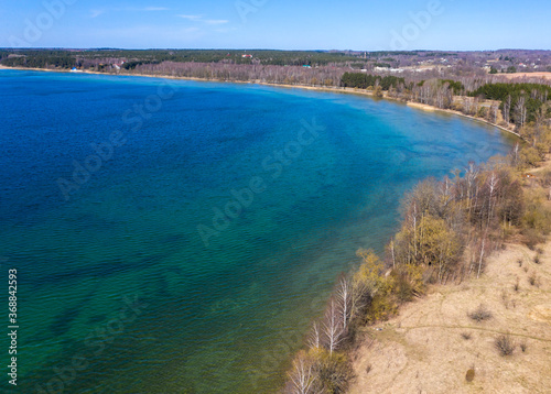 Fototapeta Naklejka Na Ścianę i Meble -  Aerial view of spring landscape lake. Lake Naroch, Minsk region, Belarus