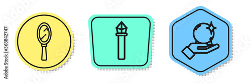 Set line Magic hand mirror, Magic staff and Magic ball on hand. Colored shapes. Vector.