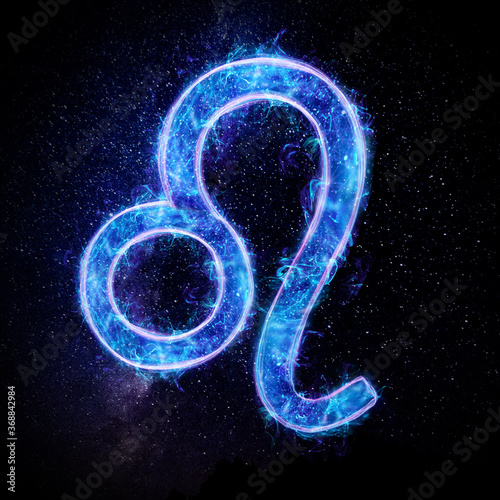 Leo zodiac sign icon, blue neon hologram on a dark background of the starry sky, horoscope signs. The concept of fate, predictions, fortune teller. 3D graphics, 3D illustration.