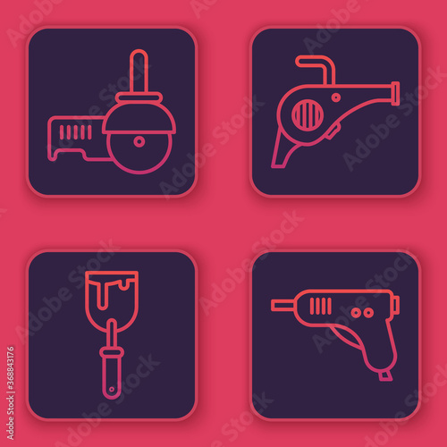 Set line Angle grinder, Putty knife, Leaf garden blower and Electric hot glue gun. Blue square button. Vector.