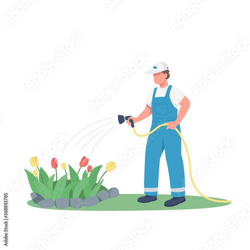 Gardener watering flowerbed flat color vector faceless character