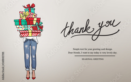 Thank you horizontal banner or greeting card. Young woman in jeans holding a lot of gifts in boxes. Thank you lettering. Hand drawn festive fashion illustration