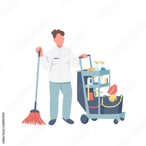 Cleaner with janitorial supplies flat color vector faceless character