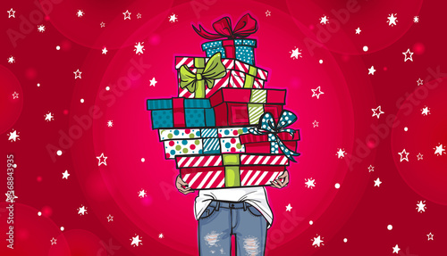 Happy birthday or christmas greeting card. Young woman in jeans holding a lot of gifts in boxes. Make a wish lettering. Hand drawn festive fashion illustration