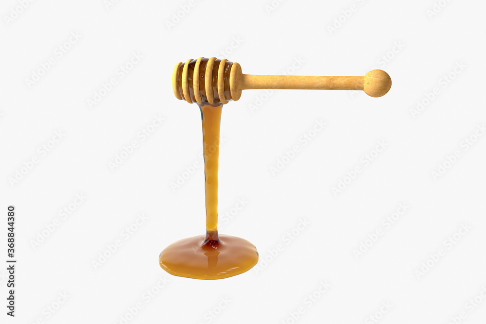 Golden honey drop from honey dipper, 3d rendering. Golden honey drop from honey dipper, 3d rendering.