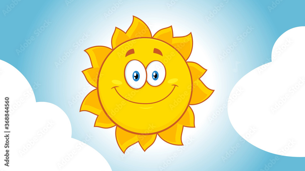 Happy Yellow Sun Cartoon Character With Clouds. Raster Illustration With Background