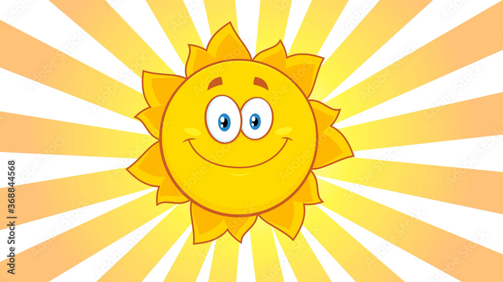 Happy Yellow Sun Cartoon Character. Raster Illustration With Background