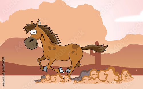 Horse Cartoon Character Running In Canyon. Raster Illustration With Background