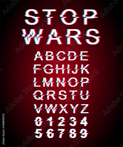 Stop wars font template. Retro futuristic style vector alphabet set on red background
