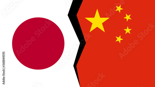 Vector illustration of the flags of China and Japan, with a split/tear/fissure in between, indicating a conflict/disagreement/parting between the two.