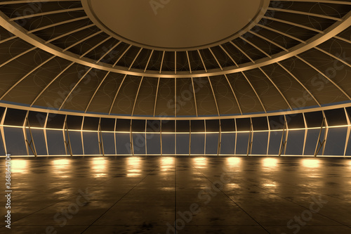 Empty room with golden illumination inside, 3d rendering.