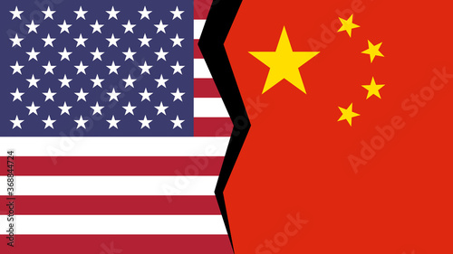 Vector illustration of the flags of the USA and China, with a split/tear/fissure in between, indicating a conflict/disagreement/parting between the two. photo