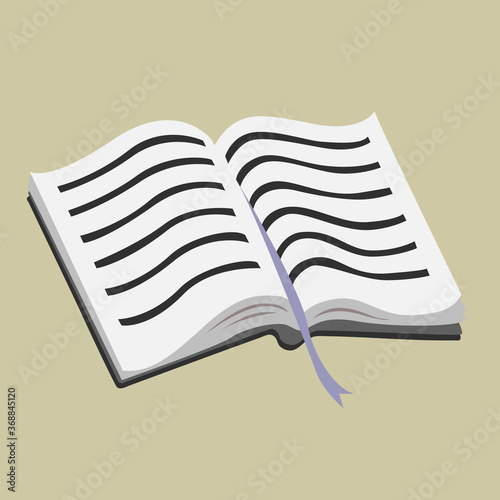 Opened handbook with a bookmark. Soft paper pages with text. Vector isolated illustration.