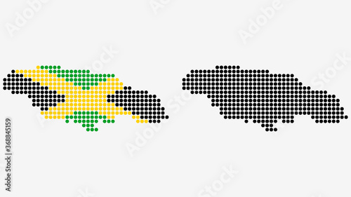 Map of Jamaica, in dotted style. One version includes the flag, the other is simply black. Vector Graphic.