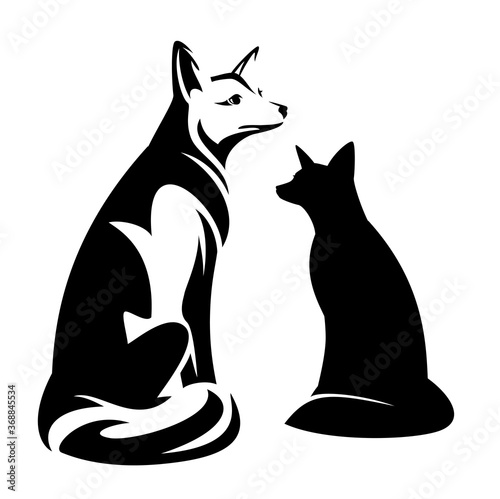 beautiful sitting fox black and white vector outine and silhouette design set photo