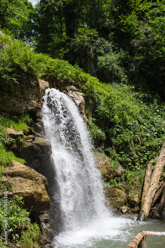 A small waterfall in the forest among trees and grass