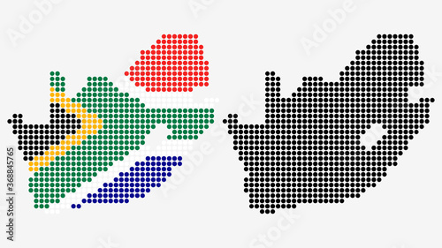 Map of South Africa, in dotted style. One version includes the flag, the other is simply black. Vector Graphic.