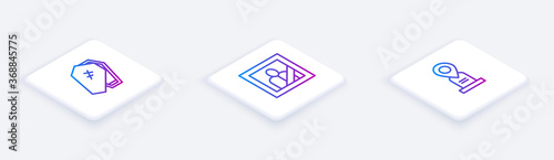 Set Isometric line Coffin with cross, Mourning photo frame and Location grave. White square button. Vector.