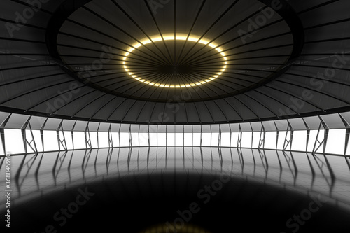 Dark round room with reflective floor, 3d rendering.