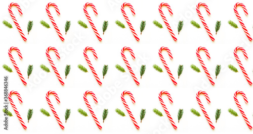 Christmas or New Year pattern of caramel cane and fir branches on white background. Design for wrapping paper