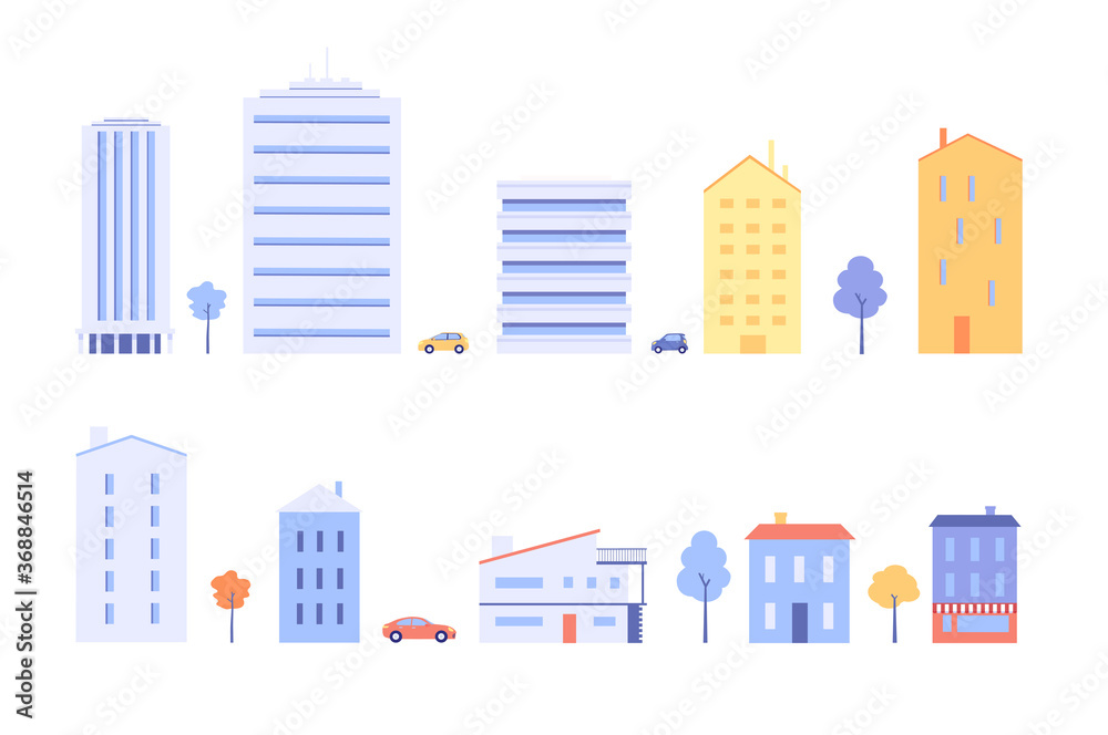 Different modern flat buildings vector illustration