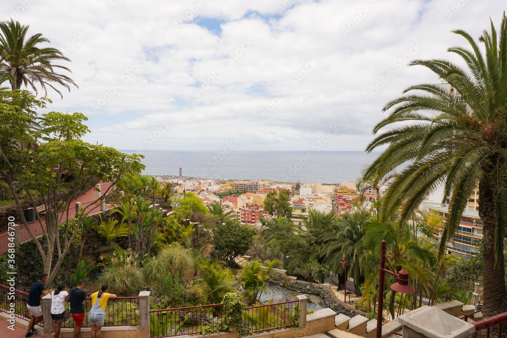 view over the city Puerto de la Cruz in Tenerife with palm trees