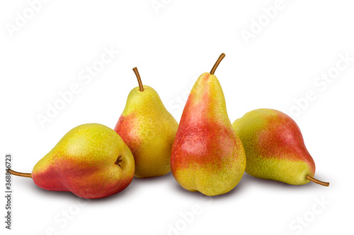 Four ripe red yellow pears isolated on a white background with clipping path.