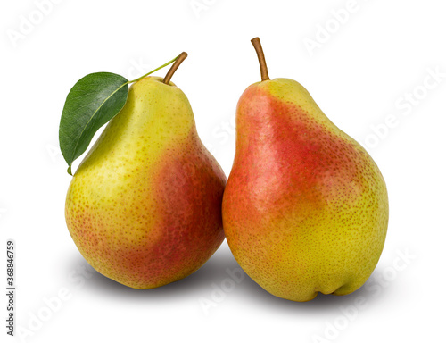 Two red yellow pears with leaf  isolated on a white background. Clipping path included.