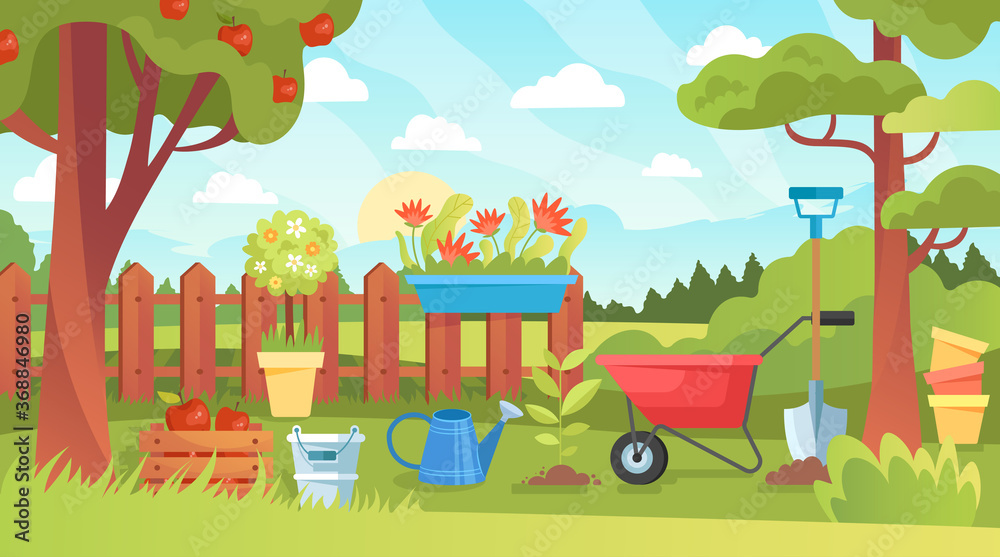 Bright colorful spring garden landscape with flowers and trees, a rustic wooden fence, wheelbarrow and watering can conceptual of the season, colored vector illustration