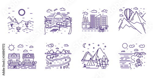 Set of 8 different line drawn landscapes with mountains, hot air balloon, rivers, camping, wilderness, city and seaside, vector illustration