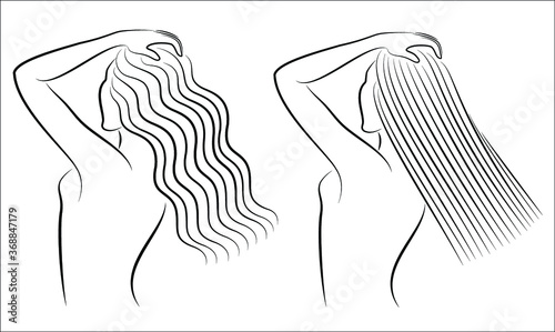 Collection. Women's hairstyle. Smooth long healthy hair and wavy hair. Vector illustration set.