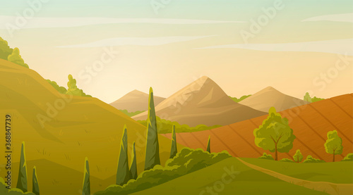 Restful lush green spring landscape with mountain peaks, trees and a colorful sky, colored vector illustration