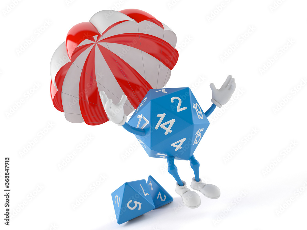 RPG dice character with parachute