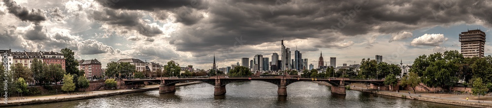 high resolution panorama photo of the Frankfurt,am Main Germany skyline on a stormy day with dark storm clouds