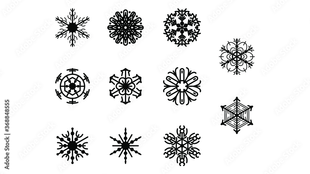 Set Black Colleciton Line Snowflake Doodle Winter Decoration Elements Vector Design Style