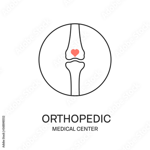 Orthopedics clinic medical center logo. Knee joint bones in a circle with a heart. Musculoskeletal system disorders treatment concept. Human body anatomy icon. Vector illustration.