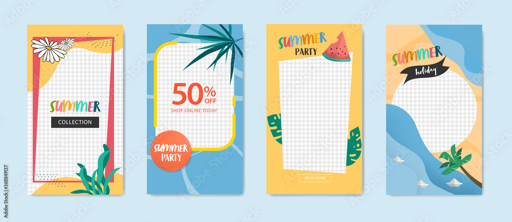 Summer party and holiday vibes stories template collection vector design. 