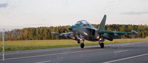 Yak-130 (NATO classification: Mitten) takes off from the airfield.