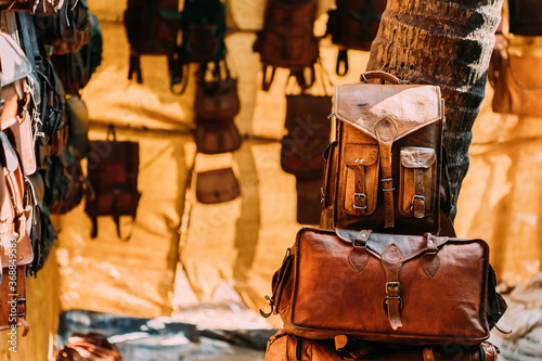 Market Shop With Leather Goods - Bags, Wallets, Backpacks, Briefcases Different Colors And Sizes