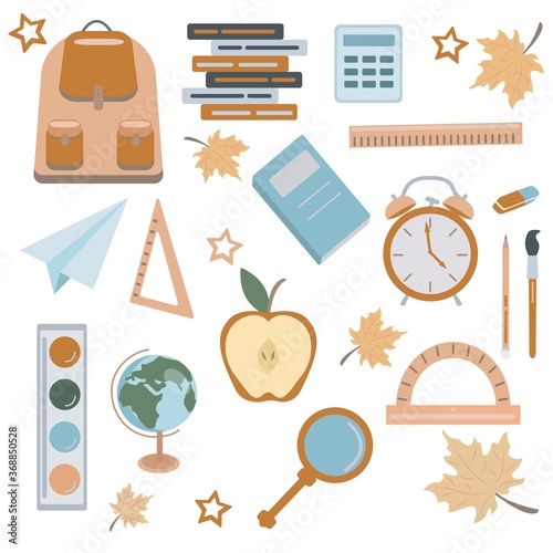 Back to school, autumn set of school supplies. Icons