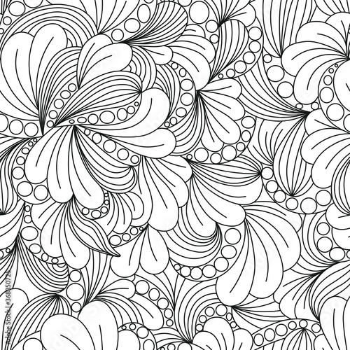 seamless vector pattern with flowers, leaves and peas in zentangle style. coloring antistress