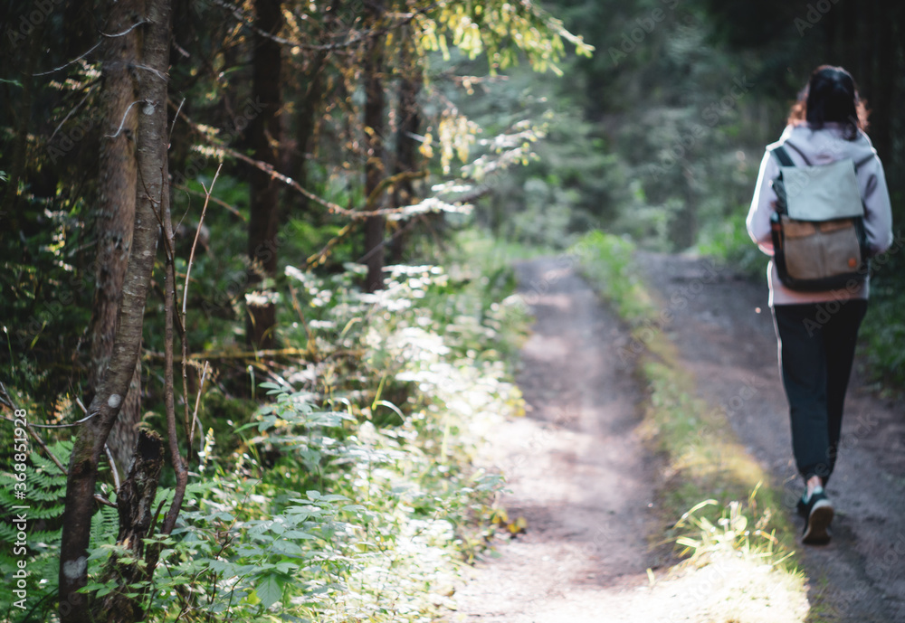 Young Active Woman Explore The Forest During Her Trekking. Young Active Woman Explore The Forest During Her Trekking.