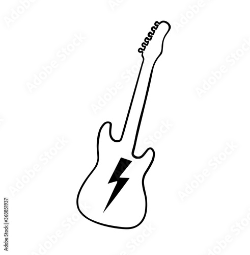 silhouette of electric guitar with lightning rock tattoo blowing illustration linear drawing.