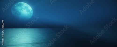 full moon in the sky background reflection in the sea ocean water. 3D render