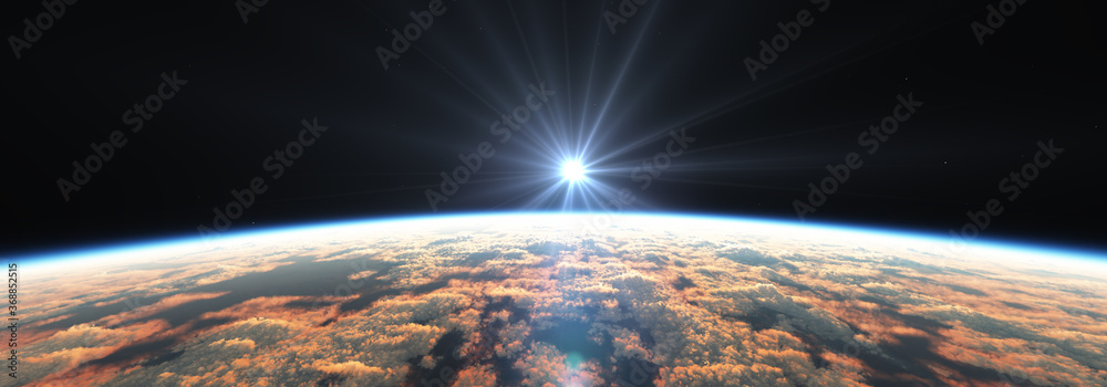 Earth sunrise from space over cloudy ocean. 3d rendering - obrazy, fototapety, plakaty 