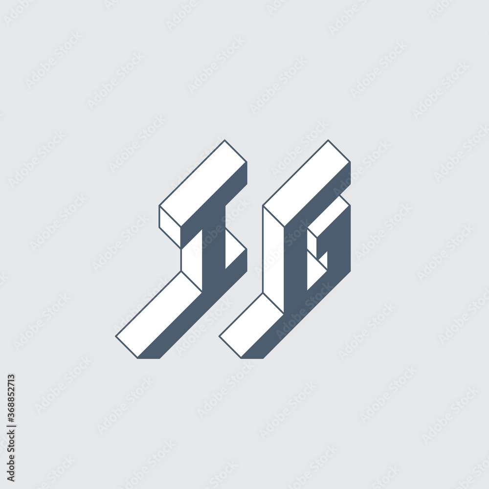 IG - logo or 2-letter code. Isometric 3d font for design. Letter I or number 1 and letter G - Monogram or logotype. Three-dimension letters. Vector