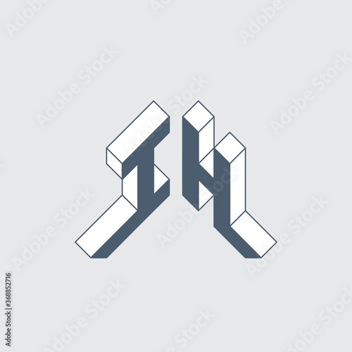 IH - logo or 2-letter code. Isometric 3d font for design. Letter I or number 1 and letter H - Monogram or logotype. Three-dimension letters.